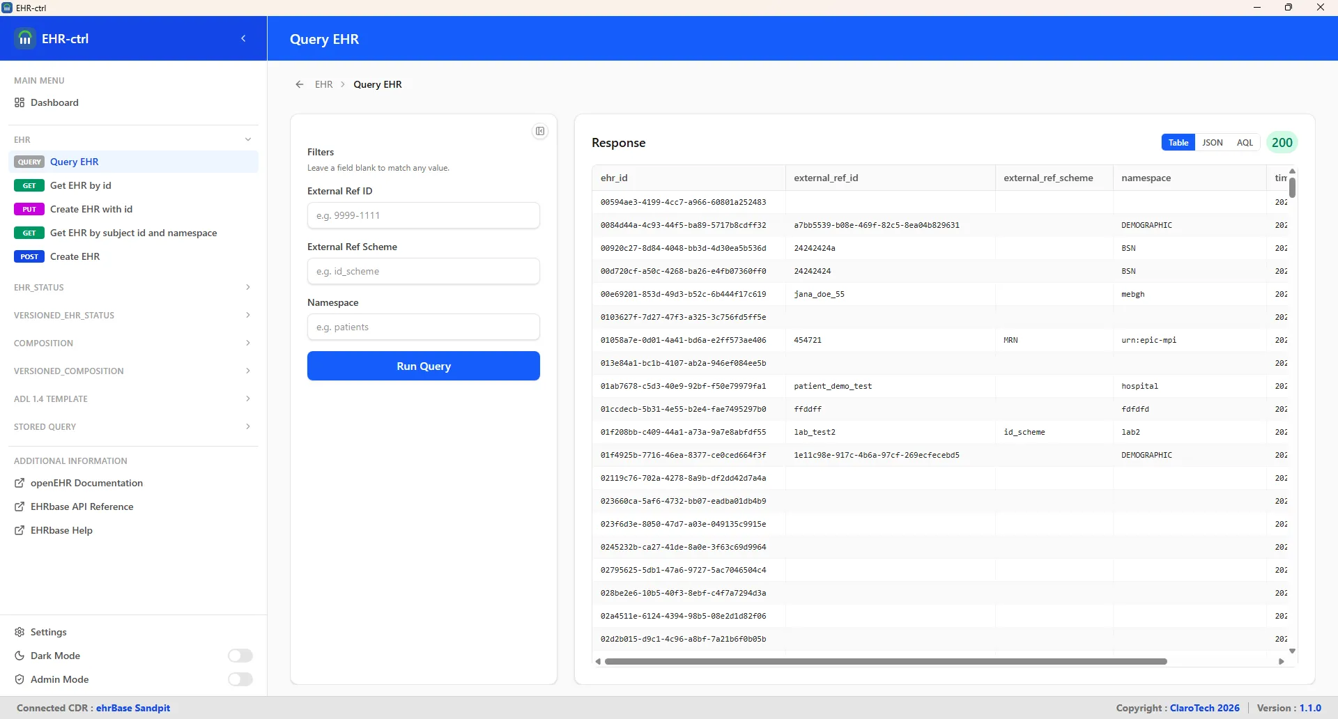 Query EHR — filter and browse EHRs by external reference ID, scheme, or namespace.