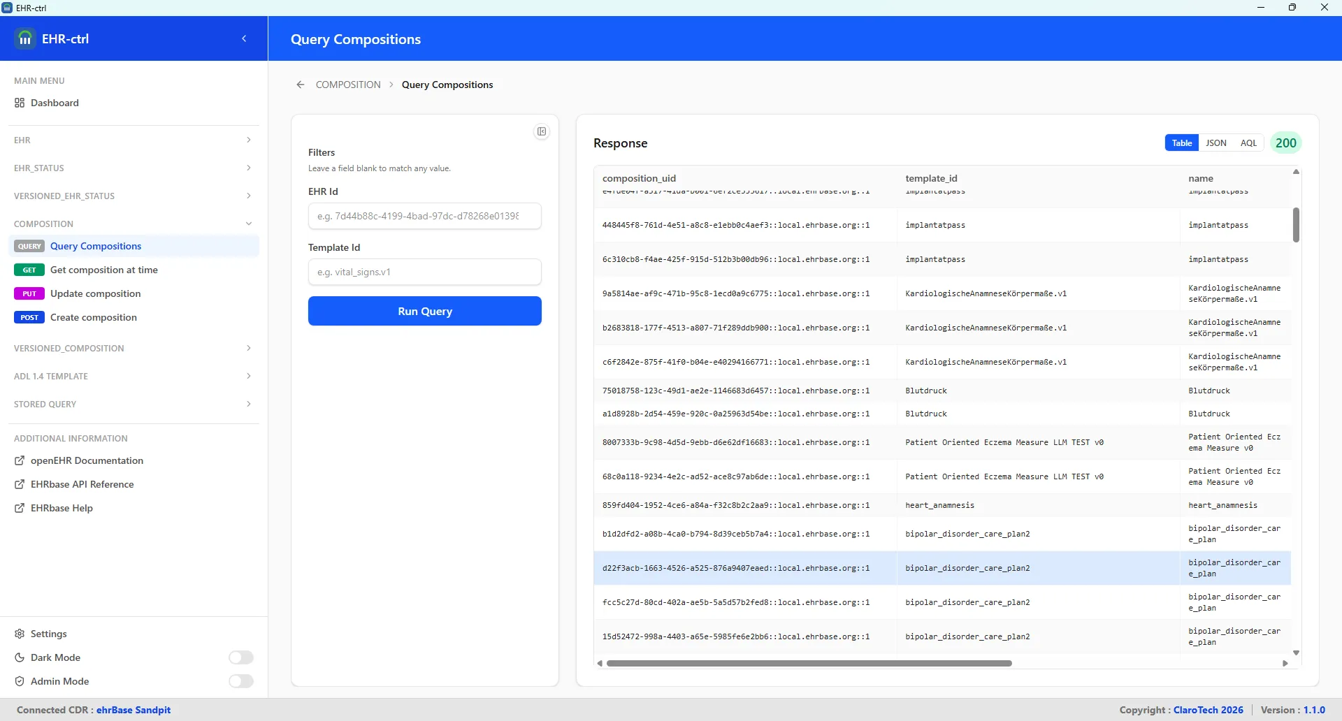 Query Compositions — run composition queries against the CDR and inspect the results.
