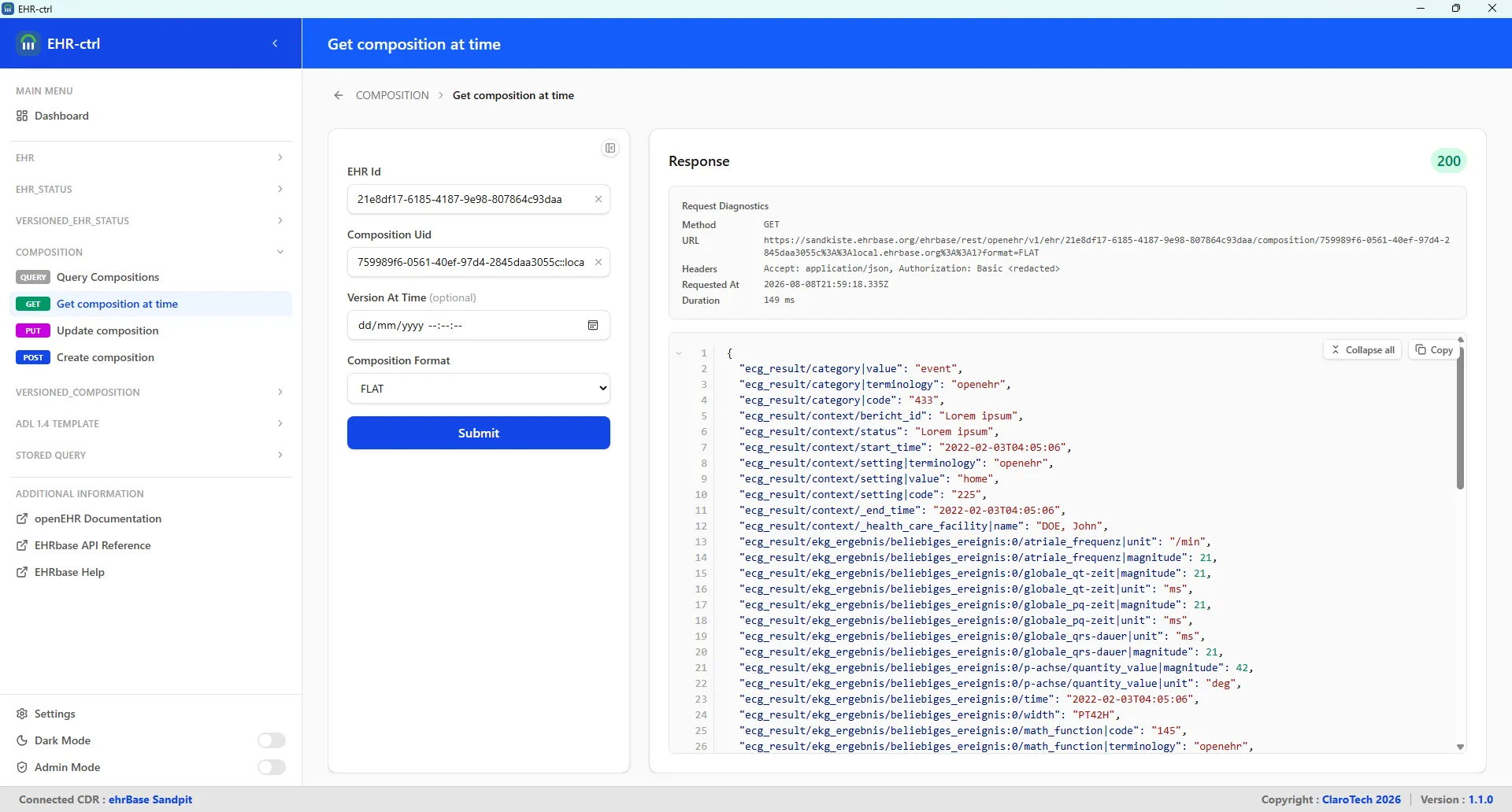 Composition details — fetch a composition at a point in time, in JSON or FLAT format, with full request/response diagnostics.