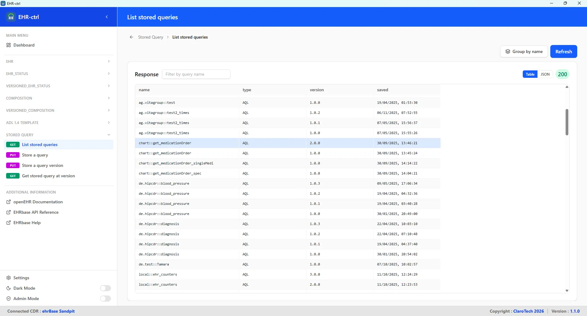 Stored Query Browser — list the named AQL queries stored on your CDR.