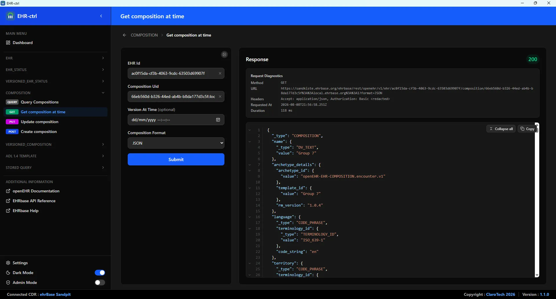 Dark mode — the full interface, request and response panels included, in a dark theme.