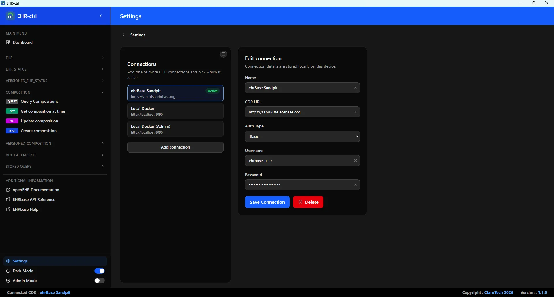 Settings — manage multiple CDR connections, from local Docker instances to hosted deployments.