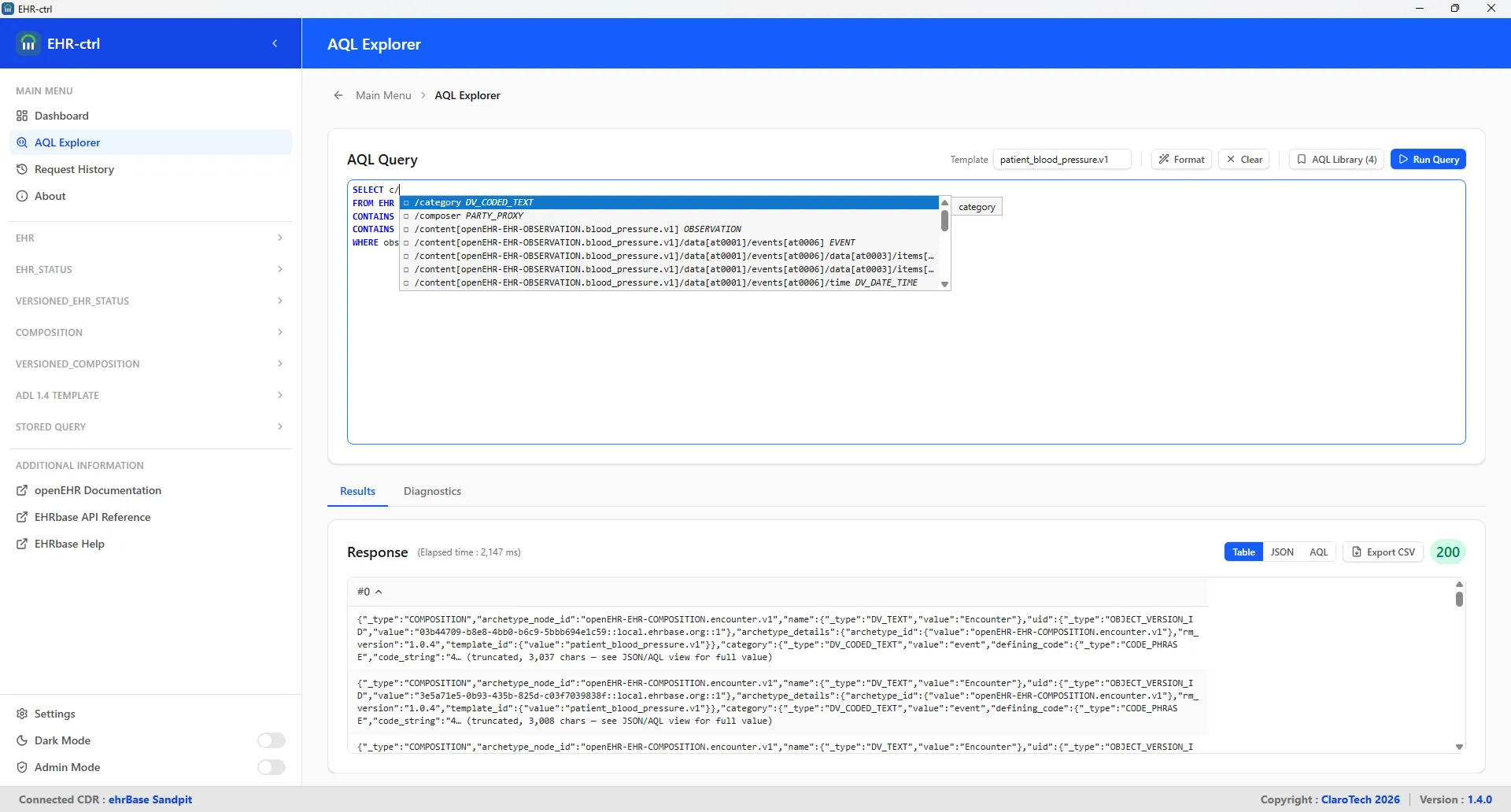 ehr-ctrl showing the underlying AQL definition for a stored query