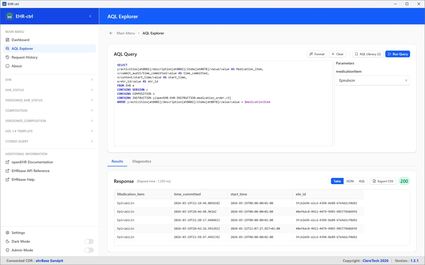 ehr-ctrl showing the underlying AQL definition for a stored query