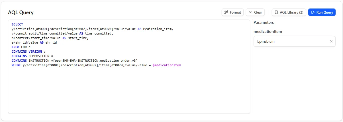 ehr-ctrl showing the underlying AQL definition for a stored query