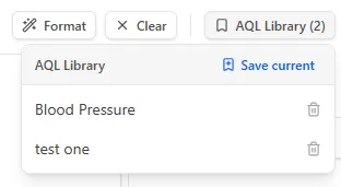 ehr-ctrl showing the underlying AQL definition for a stored query