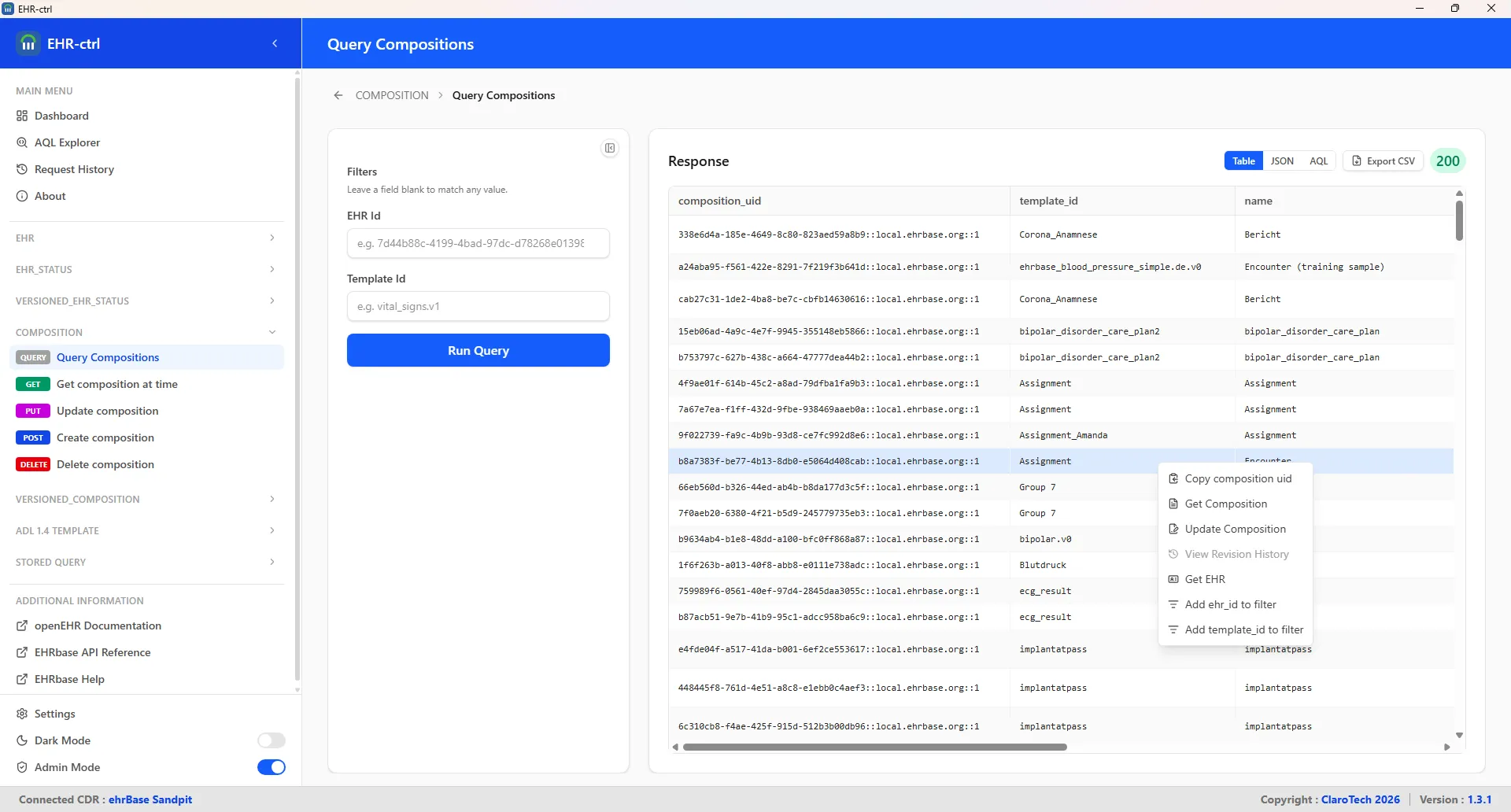 Dashboard showing the main interface for managing EHR resources