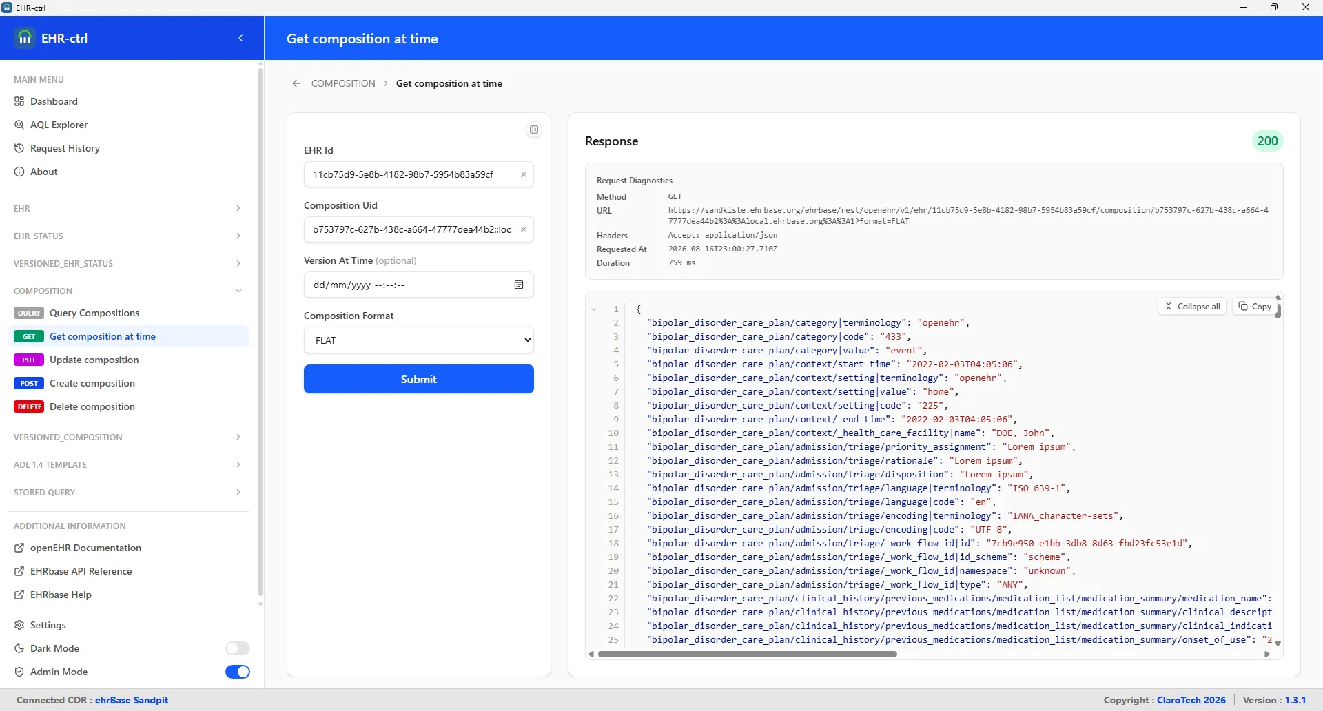 Dashboard showing the main interface for managing EHR resources