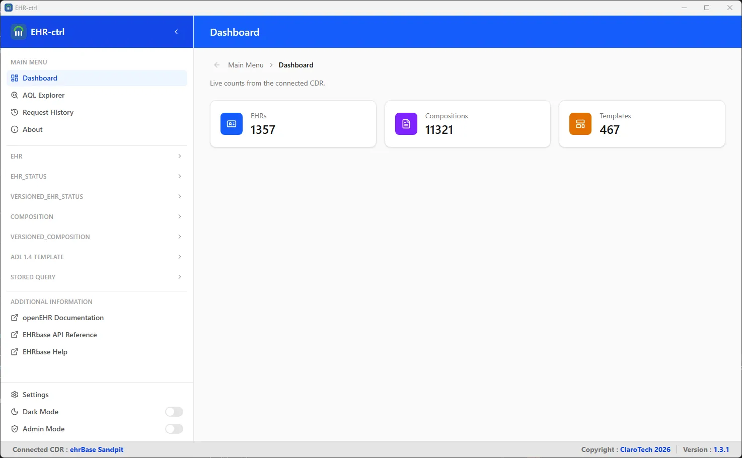 Dashboard showing the main interface for managing EHR resources