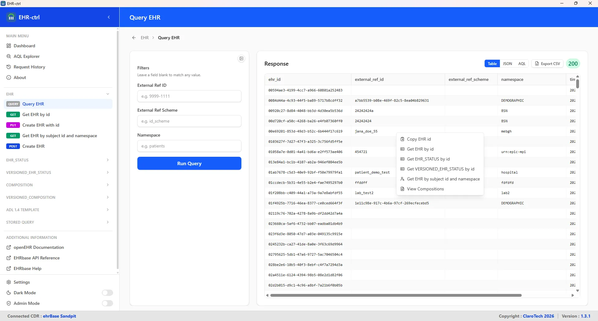 Dashboard showing the main interface for managing EHR resources