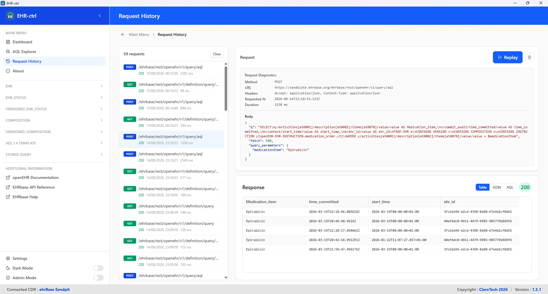 ehr-ctrl showing the underlying AQL definition for a stored query
