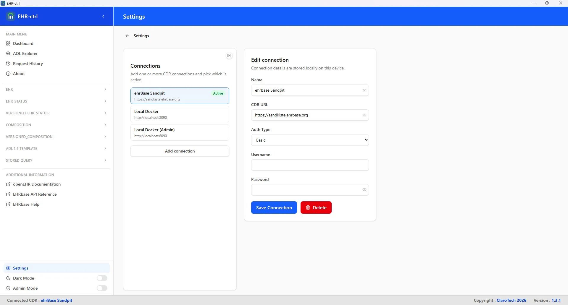 Dashboard showing the main interface for managing EHR resources