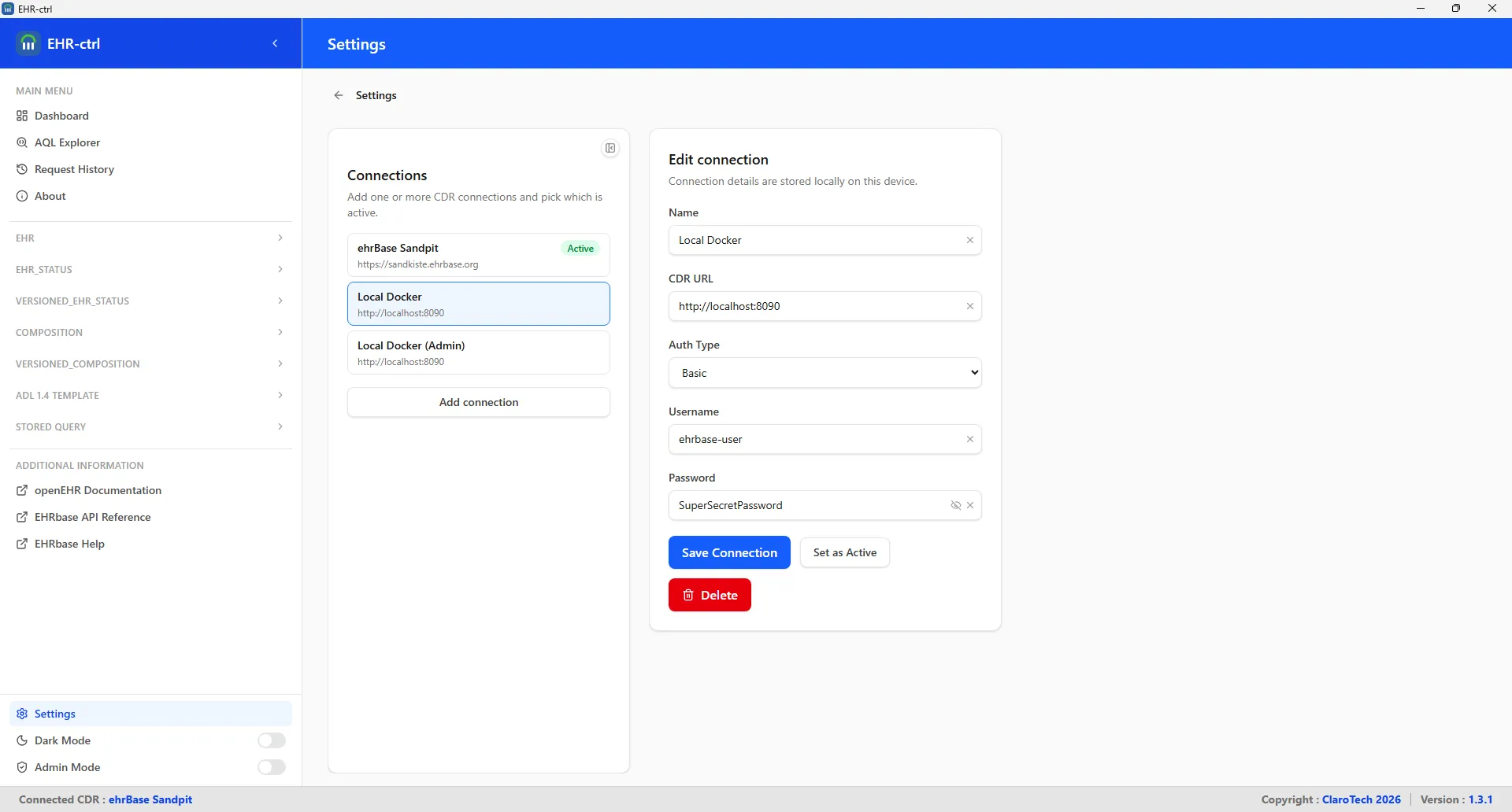 Dashboard showing the main interface for managing EHR resources