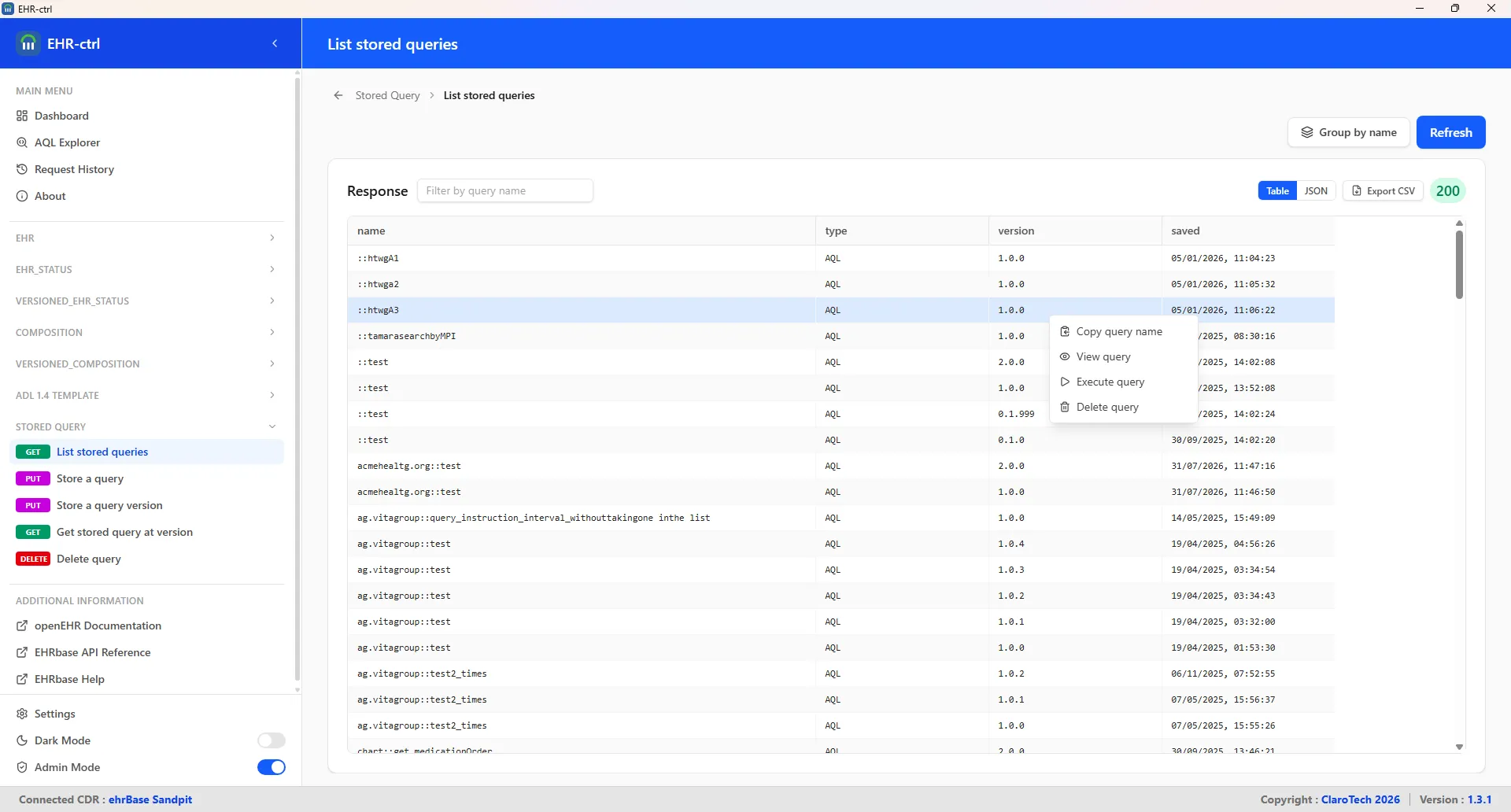 List of stored queries in the CDR, showing the main interface for managing stored queries