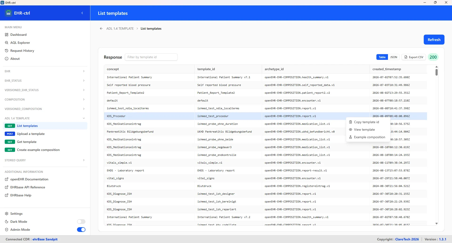 Dashboard showing the main interface for managing EHR resources