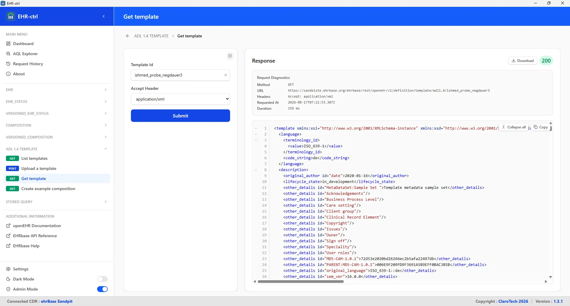 Dashboard showing the main interface for managing EHR resources