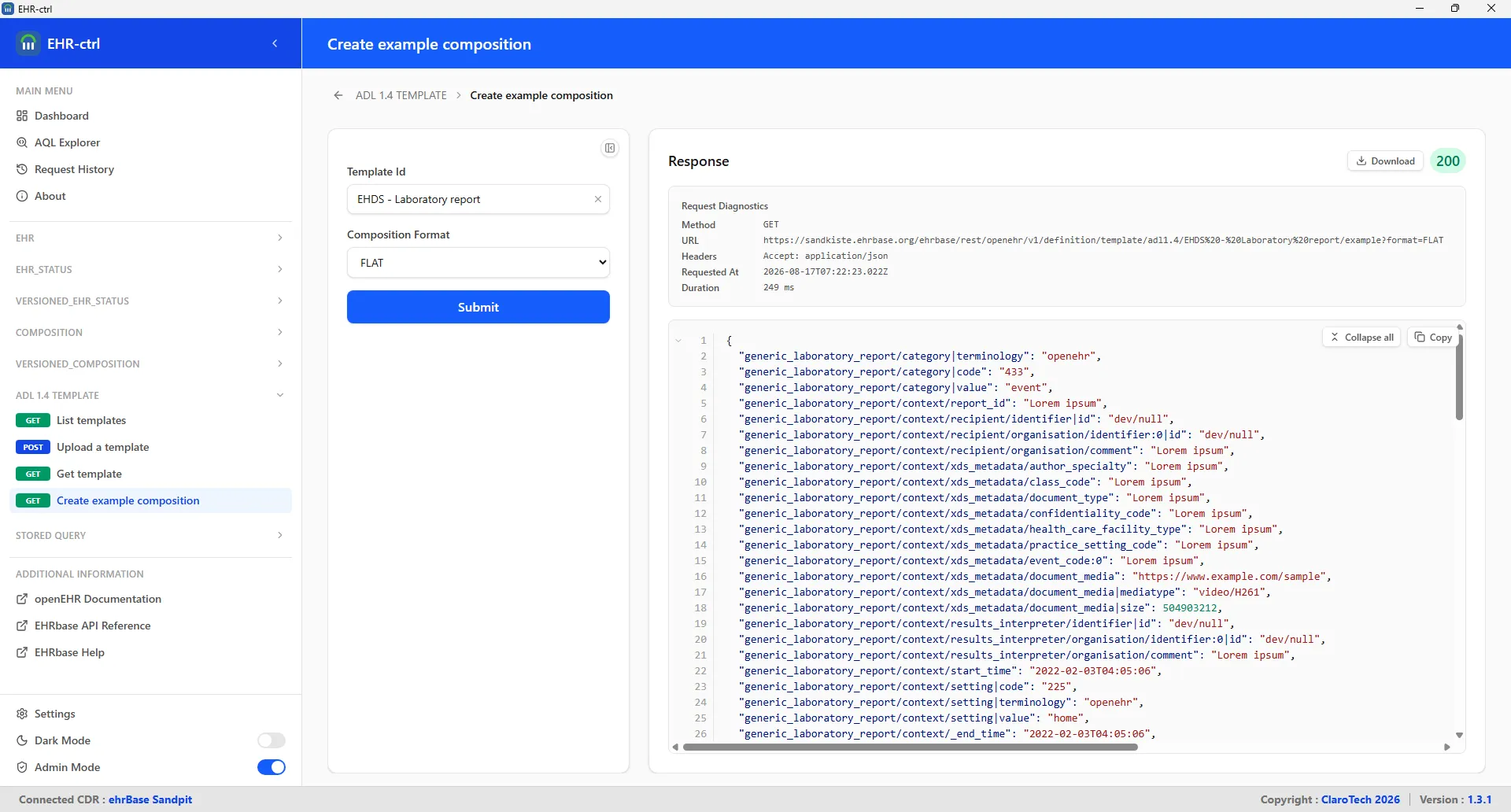 Dashboard showing the main interface for managing EHR resources